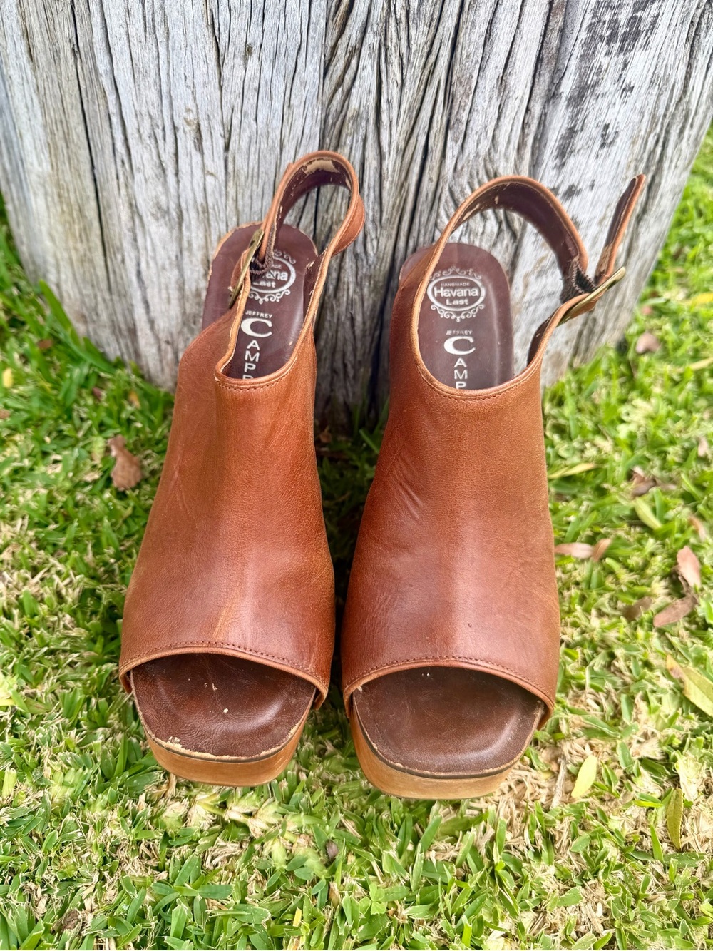 Never Worn Jeffrey Campbell Tan Brown Leather Open-Toe Slingback Wedges